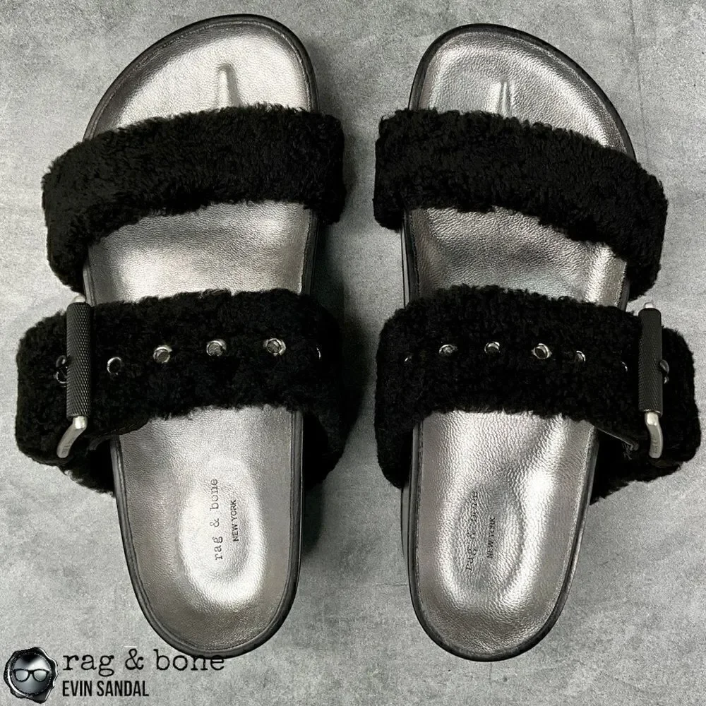 RAG & BONE EVIN GENUINE SHEARLING PLATFORM SLIDE SANDAL IN BLACK US SIZE 6 EU 36